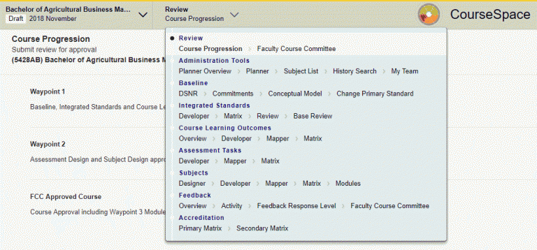 Screenshot showing the CourseSpace naigation menu