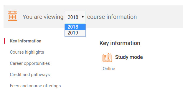 Screenshot of an online course brochure showing the drop down option to choose which year's course information is displayed