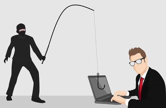 Illustration of a cybercriminal with a fishing rod and a man at a laptop