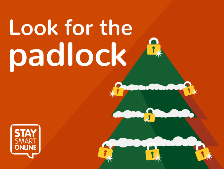 Stay Smart Online Look for the padlock, Christmas tree with padlocks on it