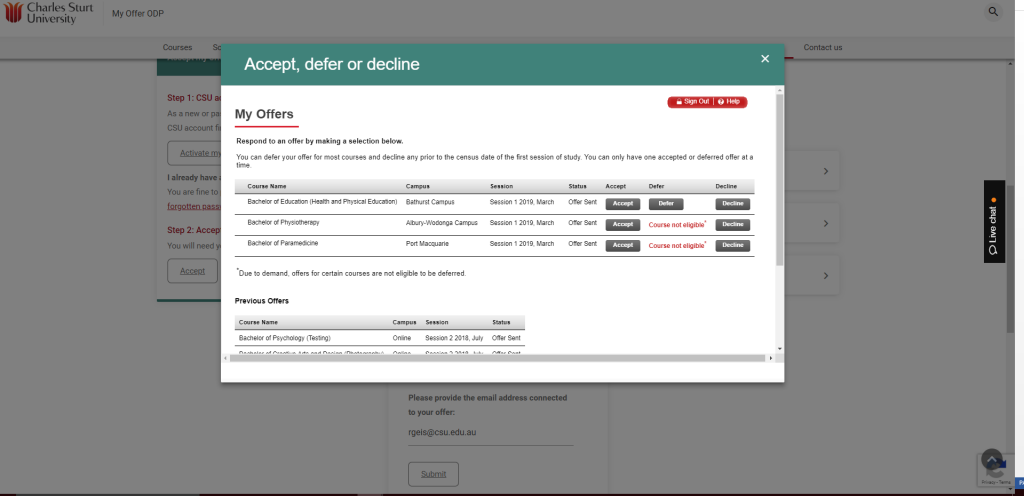 Screenshot of My Offers - Accept, defer or decline page