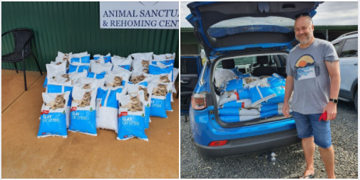 Left image: Bags of kitty litter, Right image: Car boot full of kitty litter